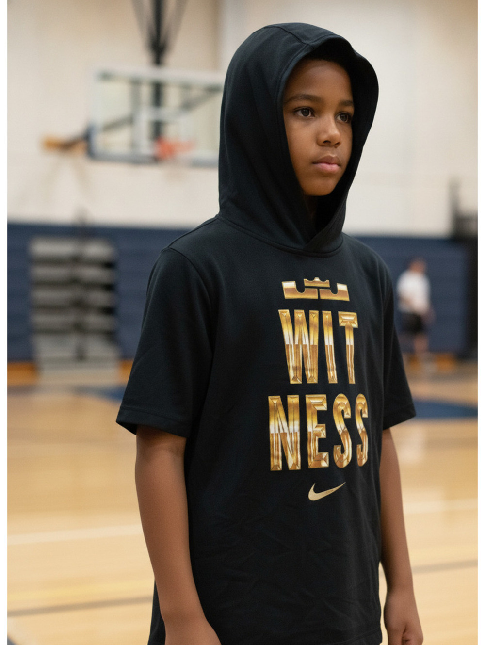 Nike Black 'Witness' Short Sleeve Hoodie with Gold Print